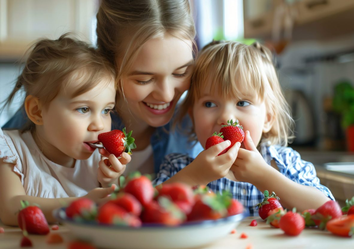 mother-feeding-children-strawberries-kitchen